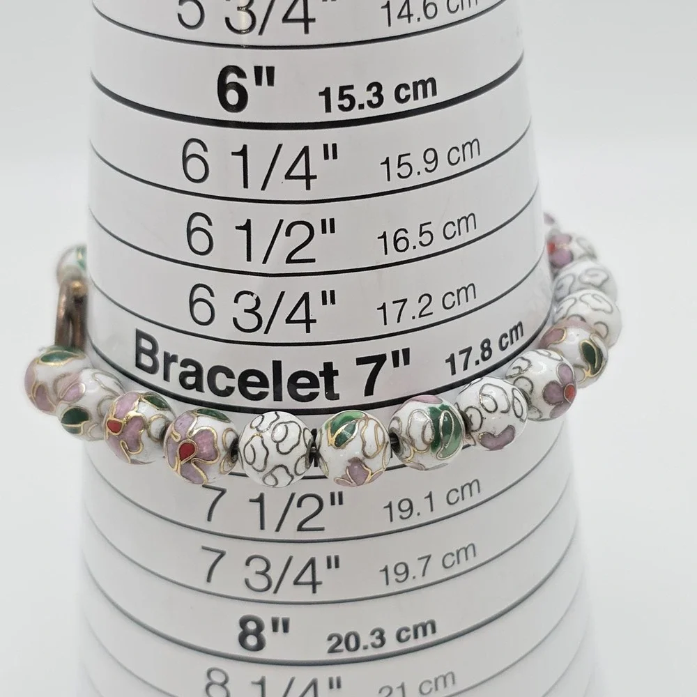 Vtg Authentic Chinese Cloisonné Bracelet Bead White Green‎ Enamel Floral 8